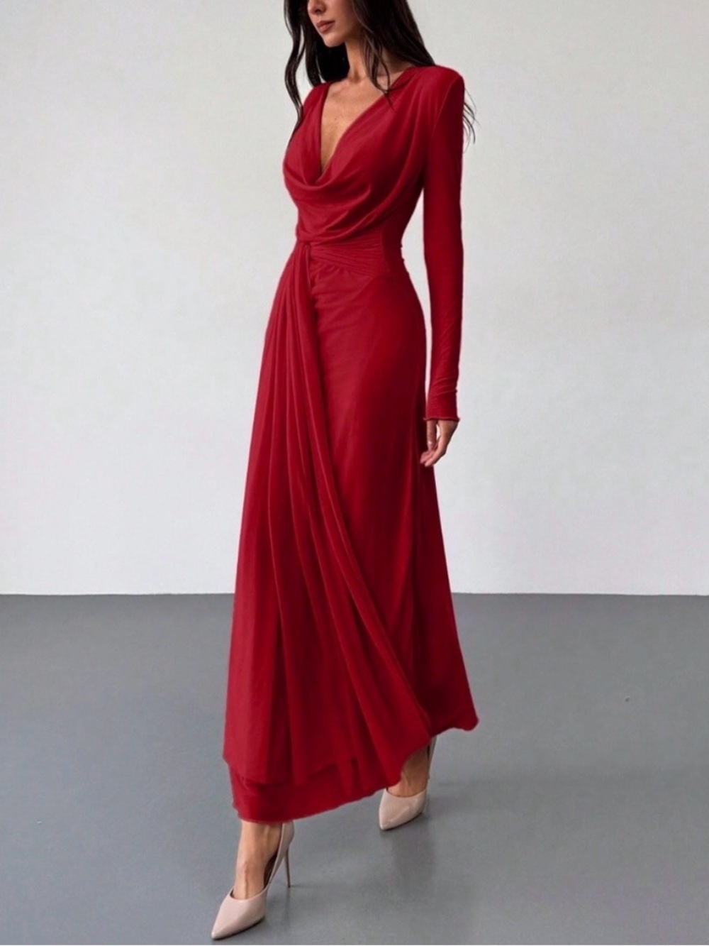Deep Draped Neck Long Sleeve Fitted Sheer Dress Red